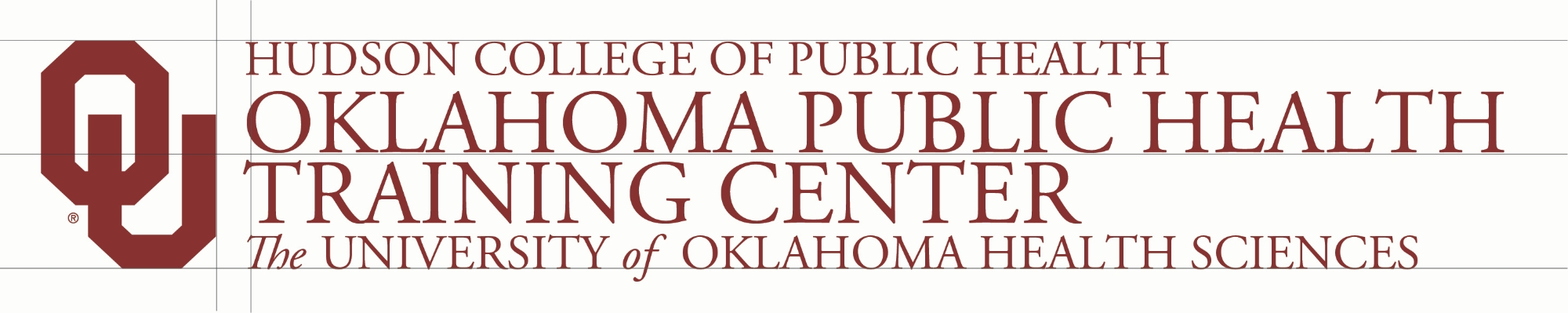 Interlocking OU, Hudson College of Public Health, Oklahoma Public Health Training Center, The University of Oklahoma Health Sciences wordmark, four-line example.