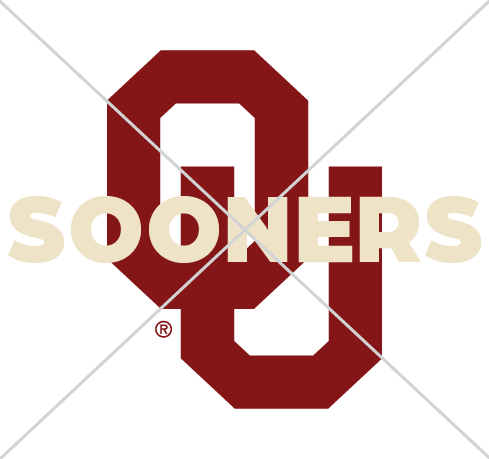 Interlocking OU with "Sooners" in a cream font color overlaying the OU, with an "X" over it demonstrating unauthorized text over the OU logo.