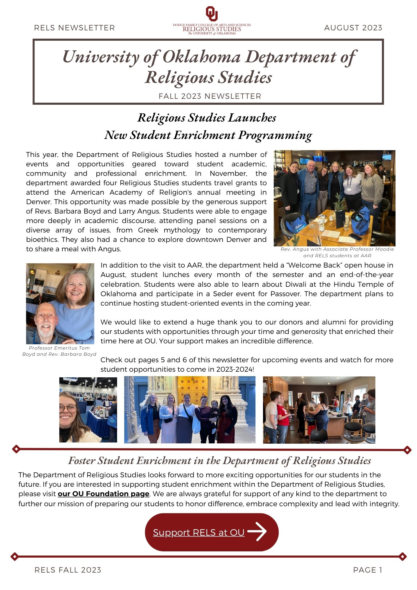 Front page of RELS Fall 2023 Newsletter