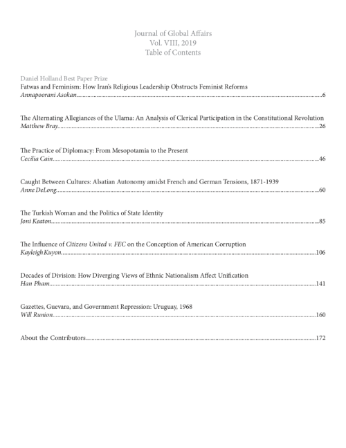 Journal of Global Affairs 2019 Table of Contents