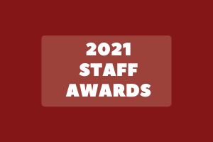 the words 2021 staff awards on a red background