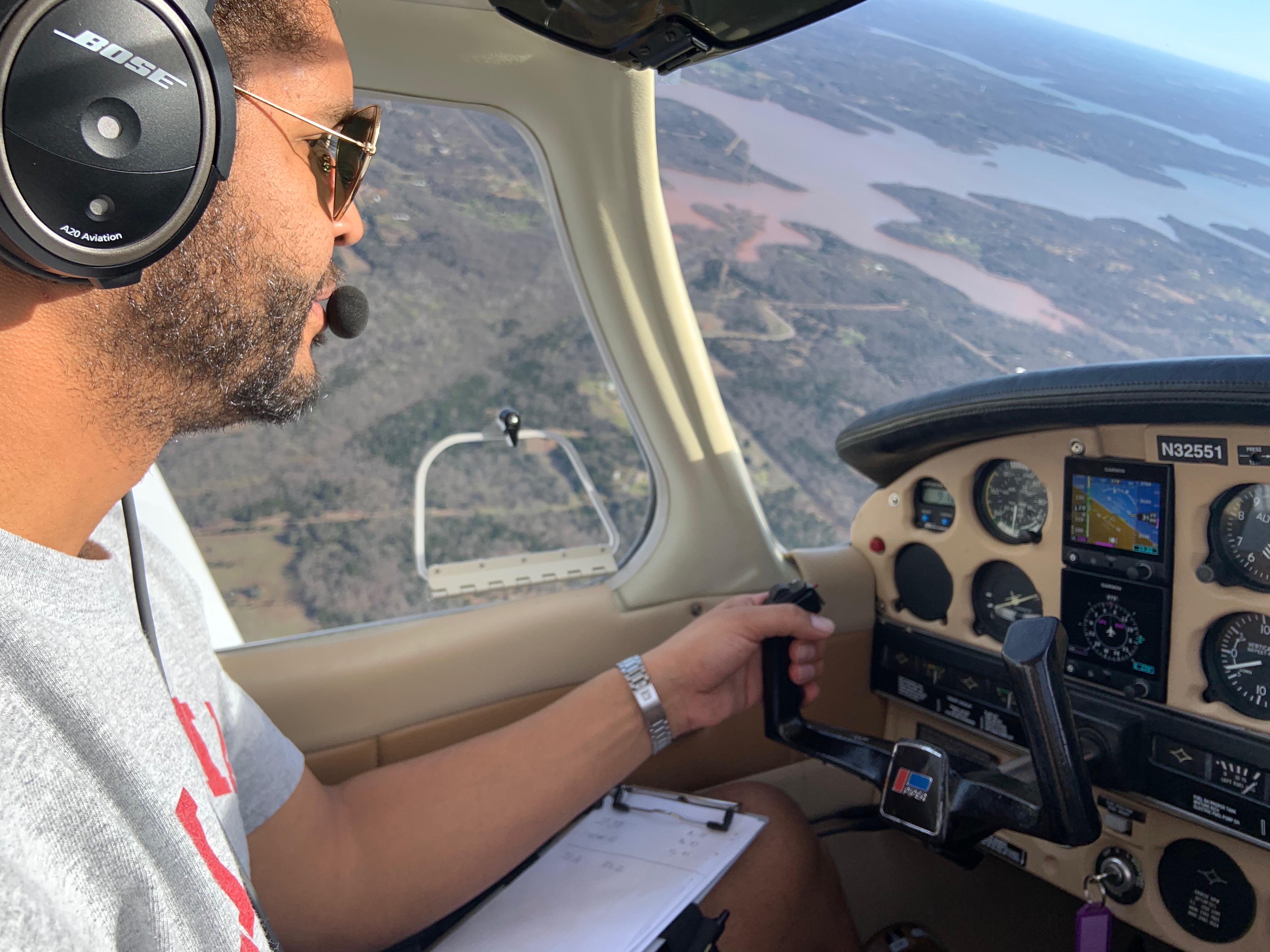 Byron Semrau concentrates while flying a plane.