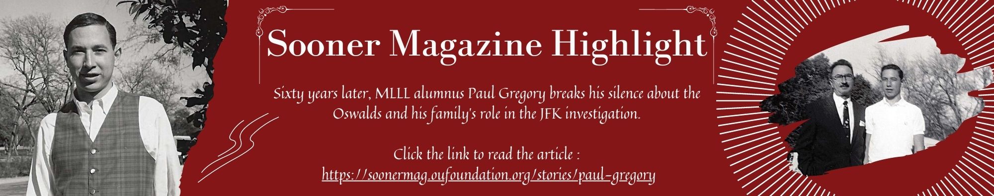 Banner showing Sooner Magazine higlight about MLLL alumnus Paul Gregroy.