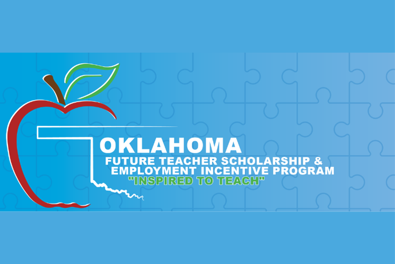 Blue background with the outline of an apple and an outlike of the state of Oklahoma with the words Oklahoma Future Teacher Scholarship and Employment Incentive Program