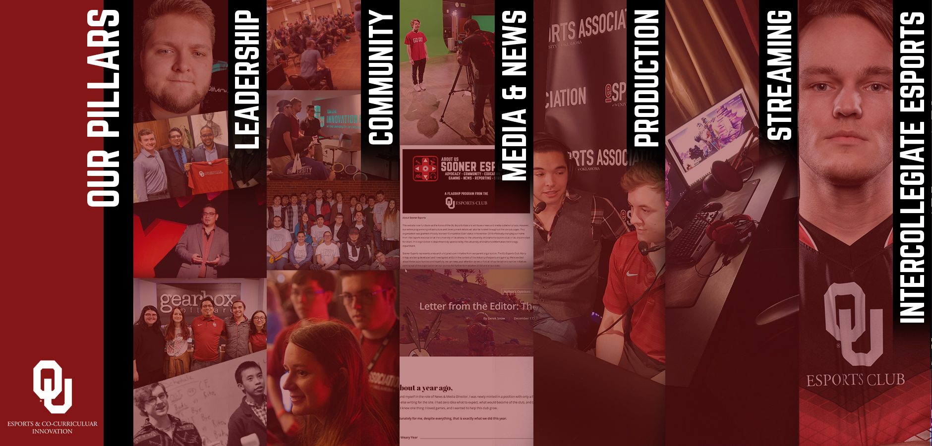 Our Pillars & Programs: Leadership, Community, Media & News, Production, Streaming Entertainment, & Intercollegiate Esports