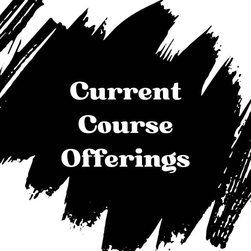 "Current Course Offerings" in white over black paint splatter.