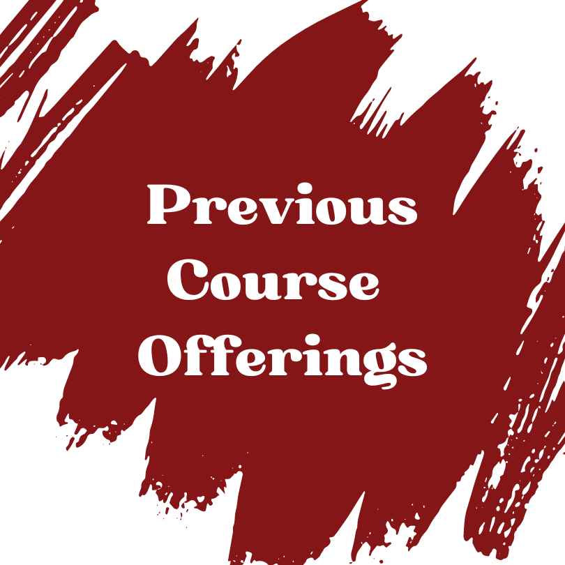 "Previous Course Offerings" in white over crimson paint splatter.