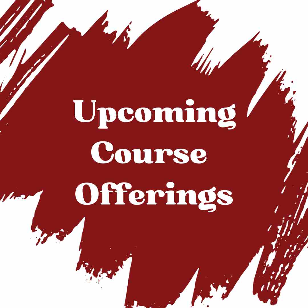 "Upcoming Course Offerings" in white over black splatter.