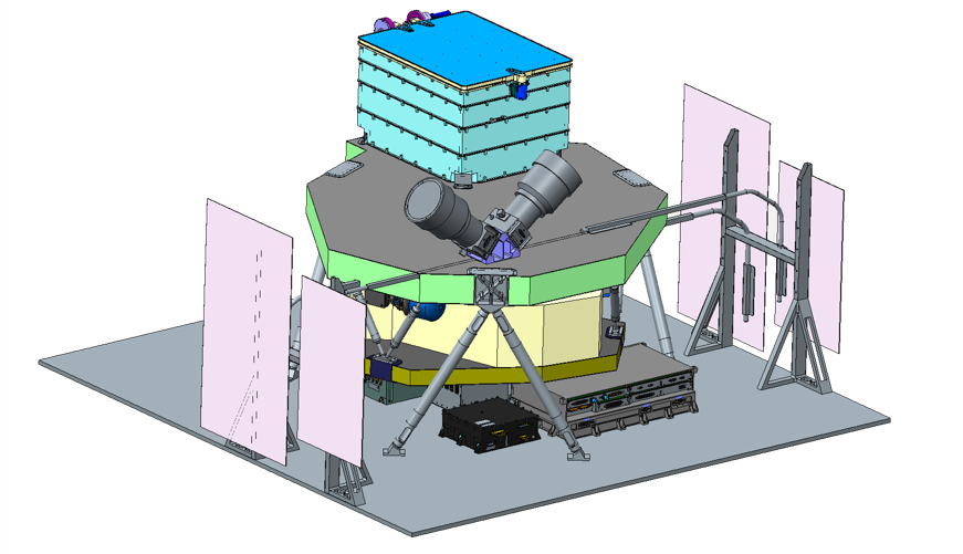 A model of the GeoCarb instrument, with different parts of the instrument illustrated by various colors.
