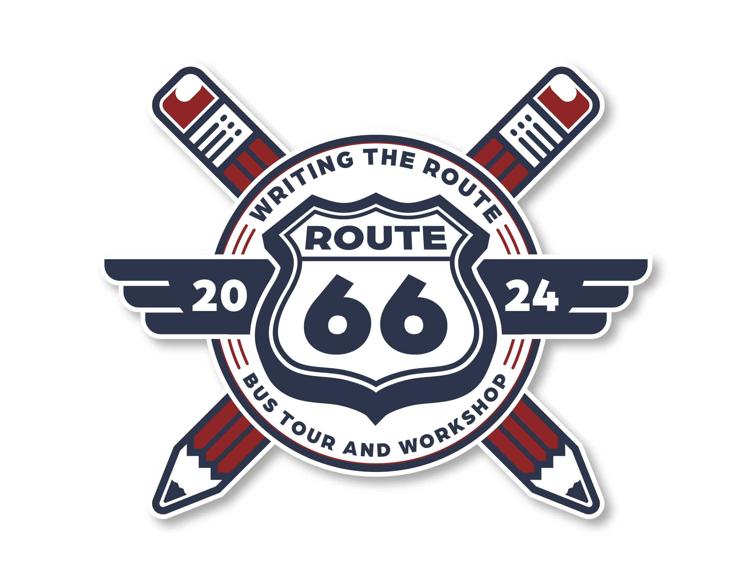 Logo for the "Writing the Route" workshop, two pencils crossed behind a Route 66 sign