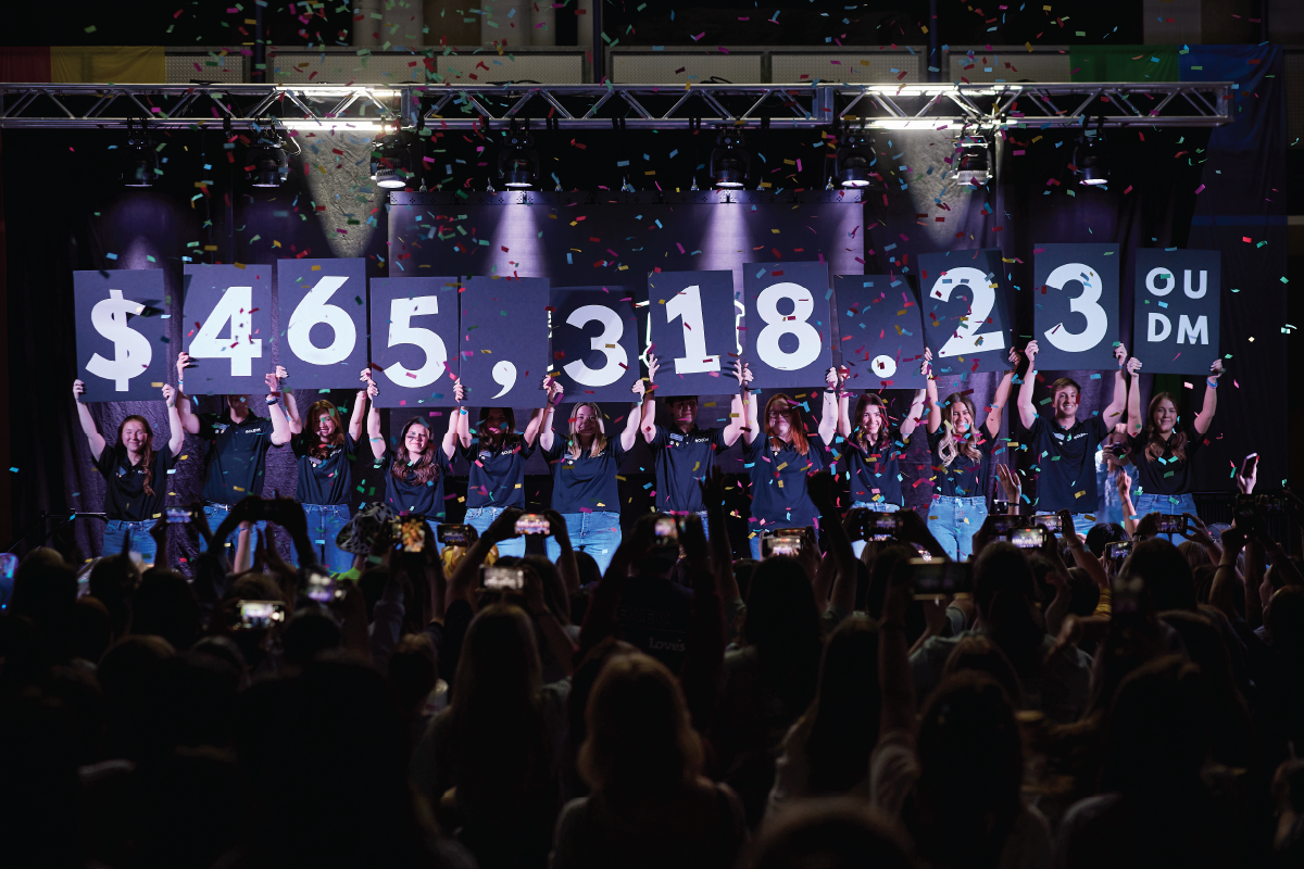 OU students holding final donation numbers during 2023 Dance Marathon. Final amount raised was $465,318.23.
