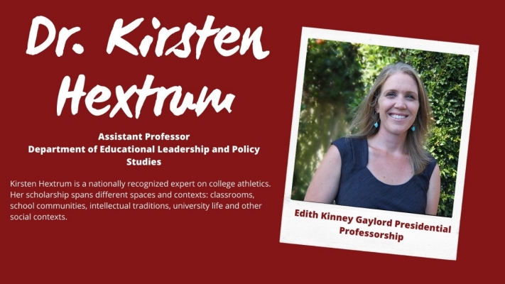 graphic with Kirsten Hextrum headshot announcing her presidential professorship