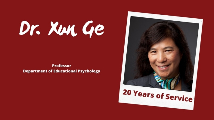 graphic with Xun Ge headshot announcing her 20 years of service