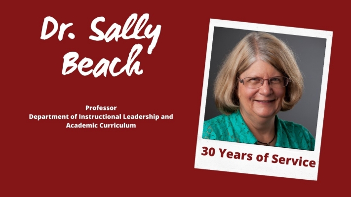 graphic with Sally Beach headshot announcing her 30 years of service