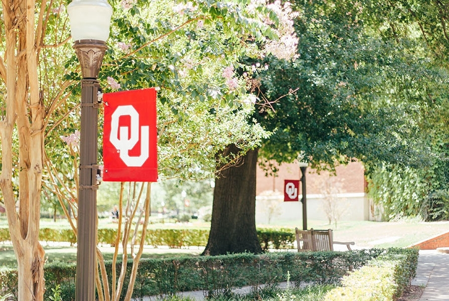 trees with a lightpole in front that has a crimson OU banner hanging on it