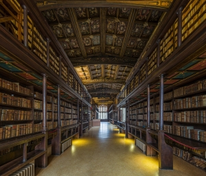 Hallway in a library of very old books.