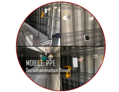 Using metal wire shelving contained within the conex container, hundreds of N95 respirators can be decontaminated per cycle and subsequently placed back into use. While only a handful of respirators and other PPE are shown in the pictures below, the capacity can be realized.