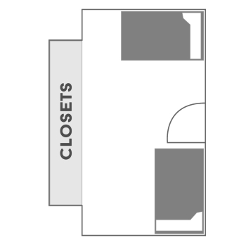 Floor plan for David L. Boren Hall. The floor plan shows two twin beds, two desks, two closets, two built-in dressers and a mirror.