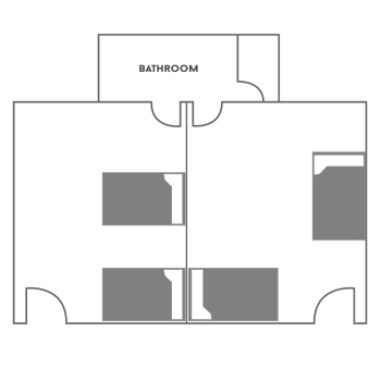 Floor plan for a suite-style rooms in Couch and Walker Center. One room shows a standar room setup with two twin XL beds, two desks, two nightstands, two closets and two dressers. One room shows a lofted bed setup with two twin XL beds, two nightstands and two closets. A desk and a dresser reside underneath each bed. The two rooms are joined by a semi-private bathroom.