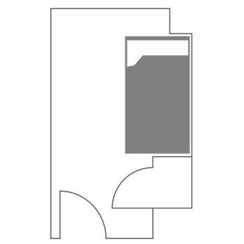 Floor plan for a One Bed Single in the Residential Colleges.  The room shows a full-size bed, a desk with a chair, a dresser and a closet.