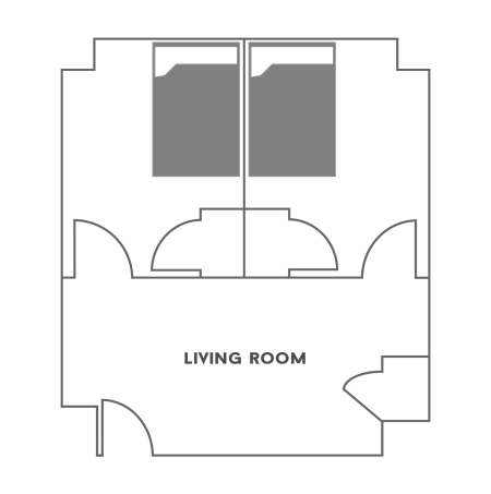 Floor plan for a Two Bedroom with Living in the Residential Colleges. The floor plan shows two bedrooms. Each has a full-size bed, a desk with a chair, a dresser and a closet. The living room has a couch, table and a television stand.