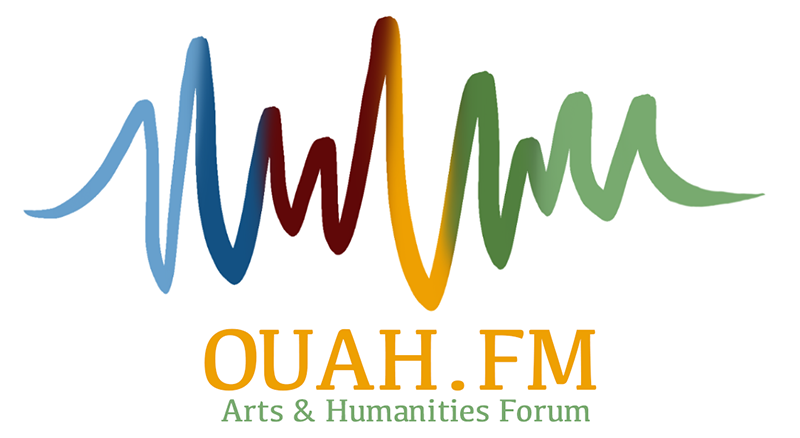 OUAH.FM logo, a sound wave in forum colors of blue, crimson, gold, and green