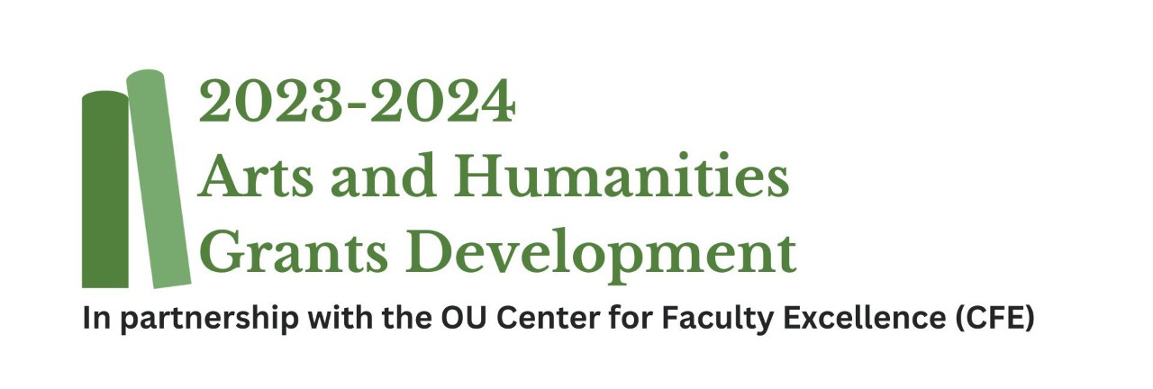logo of two green books leaning. Image Text "2023-2024 Arts and Humanities Grants Development, in partnership with the Center For Faculty Excellence (CFE)"