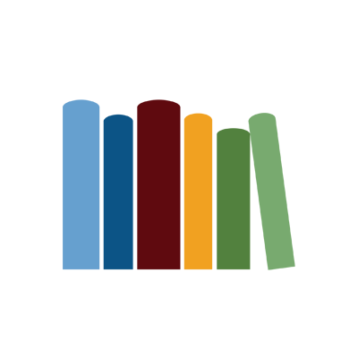 Abstract logo of six books on a shelf with one book on the end leaning toward the others. From left to right the colors are light blue, dark blue, crimson, gold, dark green, light green. This is the emblem of the Forum. 
