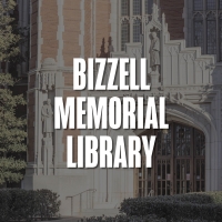 Image of the OU Library with white image text "Bizzell Memorial Library".
