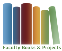 Stack of 6 books in rainbow gradient. Image text in green Faculty Books and Projects.
