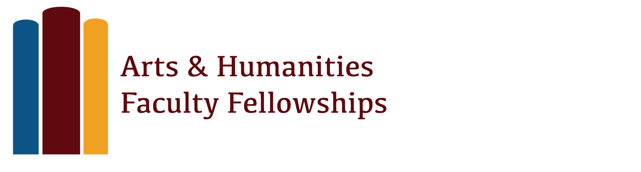 Abstract emblem of three books, dark blue, crimson, and gold, with the text "Arts & Humanities Faculty Fellowships"