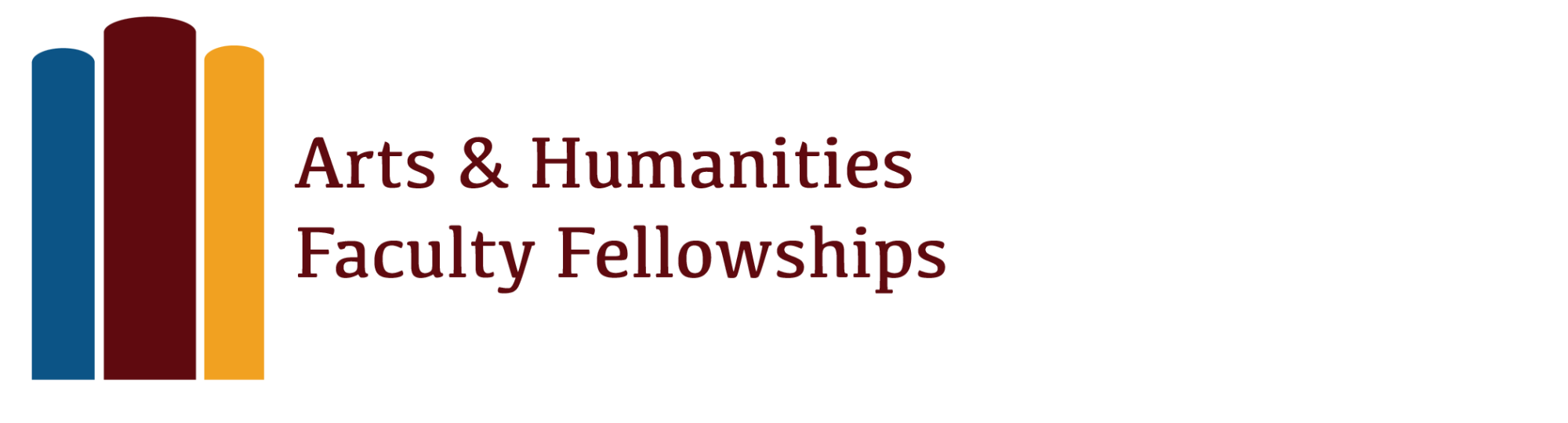 Abstract emblem of three books one dark blue, one crimson, and one gold, with the text "Arts & Humanities Faculty Fellowships""