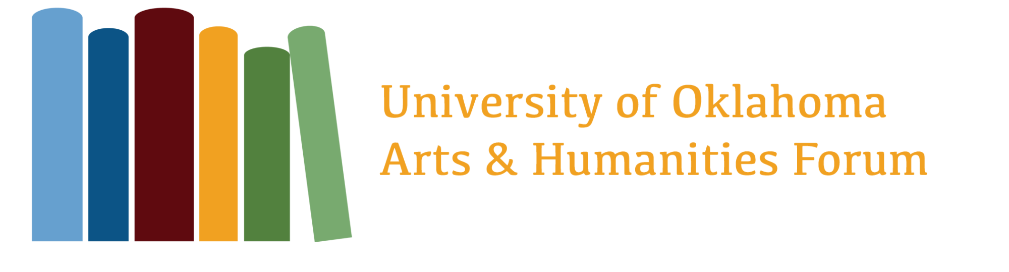 Abstract emblem of six books, from left to right: light blue, dark blue, crimson, gold, dark green, light green. The last book is leaning on the others to the left. With text: University of Oklahoma Arts and Humanities Forum. This is the emblem of the Forum. 