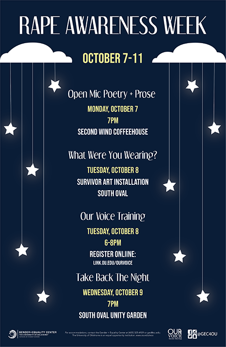 rape awareness week poster open mic poetry oct 7, 7PM survivor art installation oct 8, our voice training october 8 6-8PM, take back the night october 9 7PM
