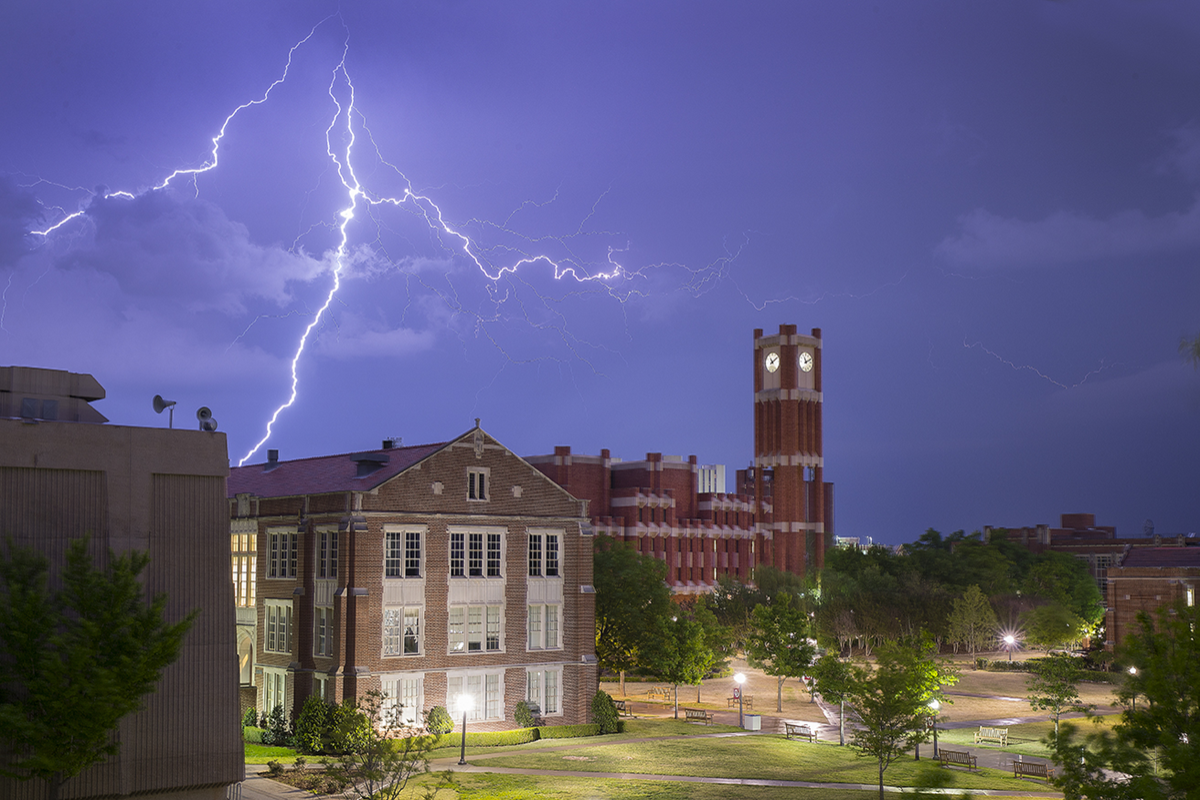 OU Campus, lighting strike in the sky.