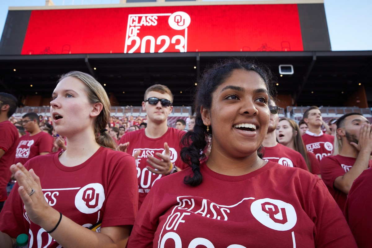 Students in stands at class of 2023 welcome event