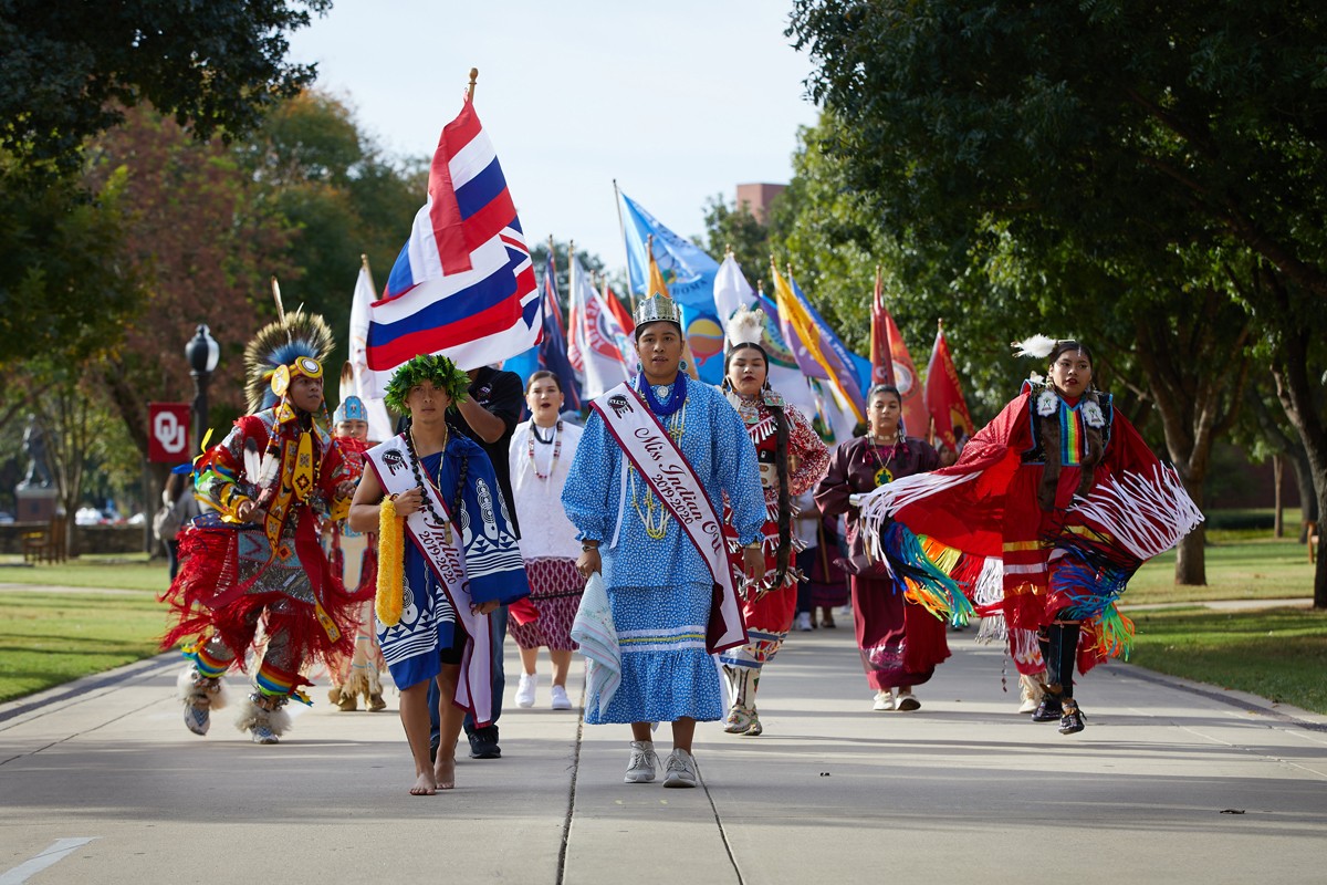Indigenous Peoples Day parade featuring Mr. and Ms. Indian OU
