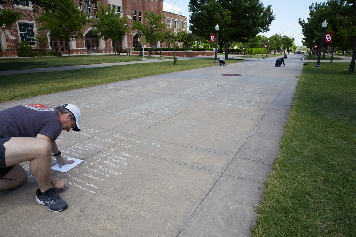 Faculty Members chalking names on Brooks Mall sidewalk