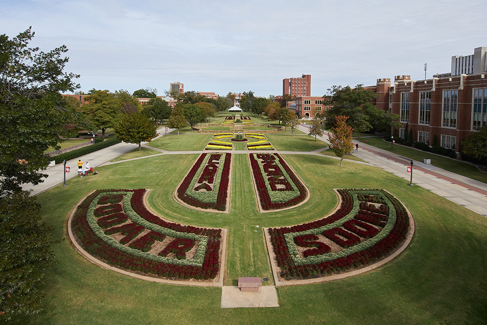 Aerial photo of a planted OU flower bed on the south oval. Flowers spell out BOOMER and SOONER