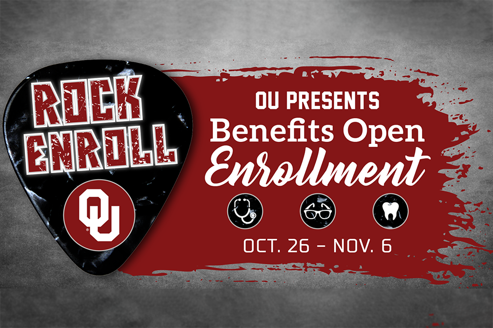 Rock Enroll OU Presents Benefits Open Enrollment OCT 26 - NOV 6 logo with guitar pick