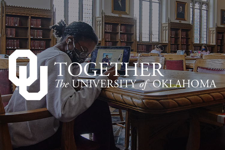 The OU Together wordmark seen overlaid on a photo of a student studying in the Great Reading Room