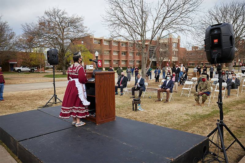 Celena George, Miss Indian OU 2020-2021, speaks at the dedication of the Five Moons Student Lounge on March 24, 2021.