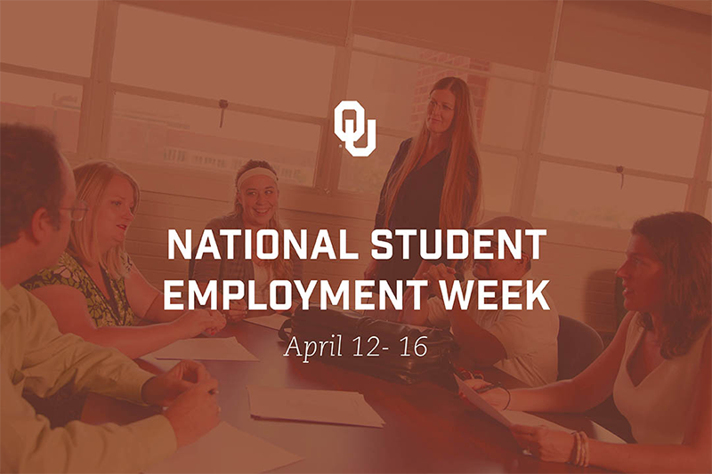 National Student Employment Week April 12-16 text over a red-toned stock image of students around a table