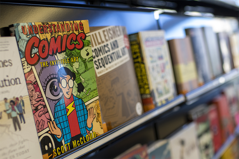 Detail image academic books about comics on a shelf