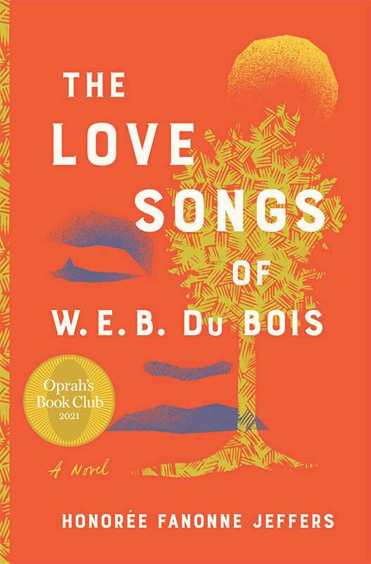The Love Songs of W.E.B. Du Bois book cover; yellow, stlized tree on a sunset orange background