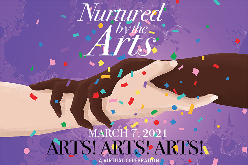 Nurtured by the Arts March 7, 2021 Arts! Arts! Arts! program poster: a black hand and white hand grasp over a painterly purple background, confetti in foreground