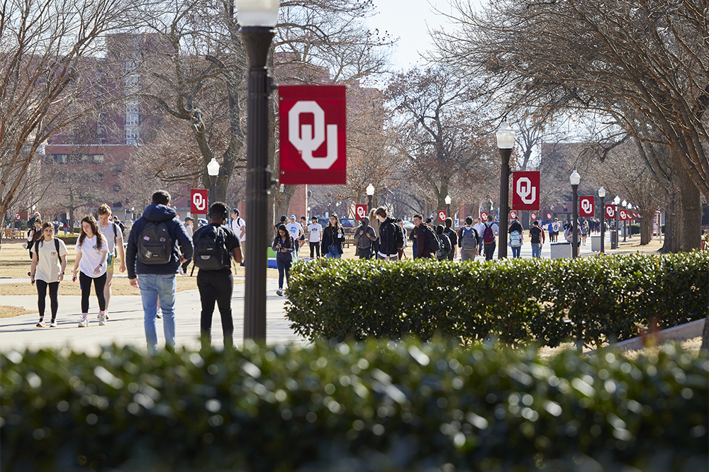 students walk the south oval sidewalk on a sunny winter day