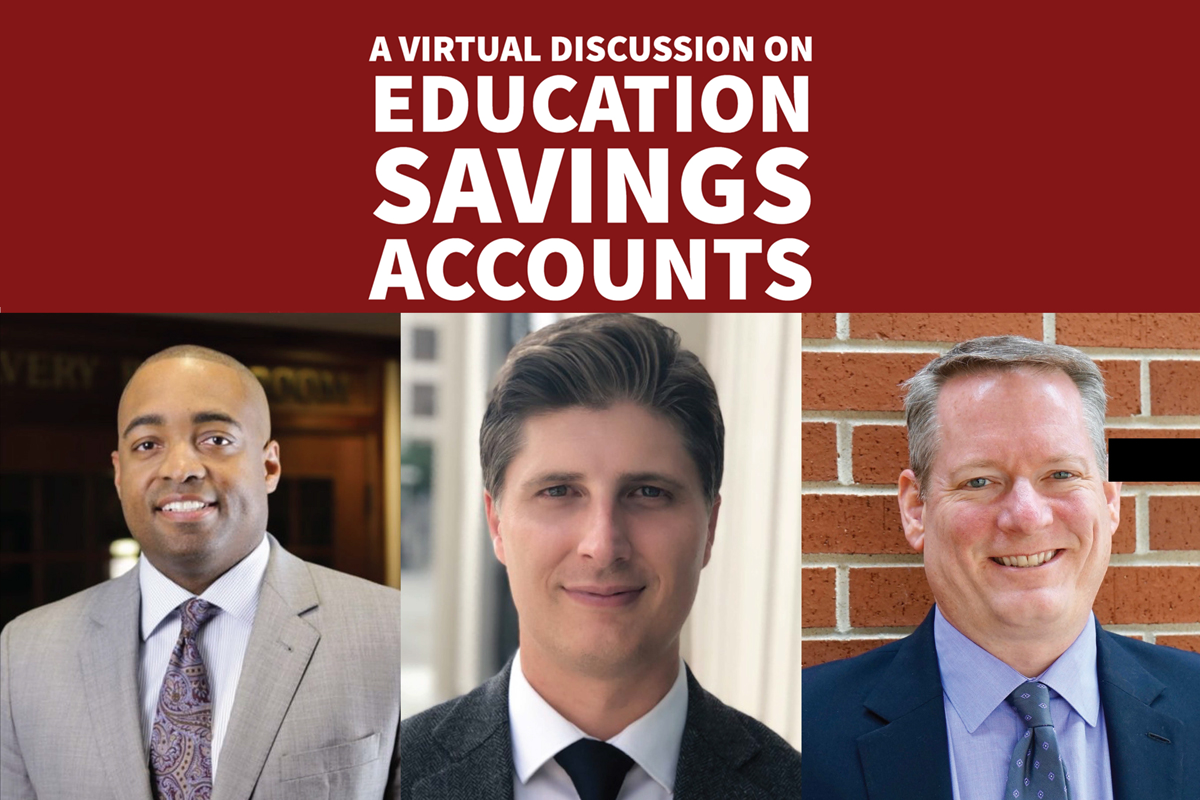 "A Virtual Discussion on Education Savings Accounts" with three unlabeled speaker portraits tiled below
