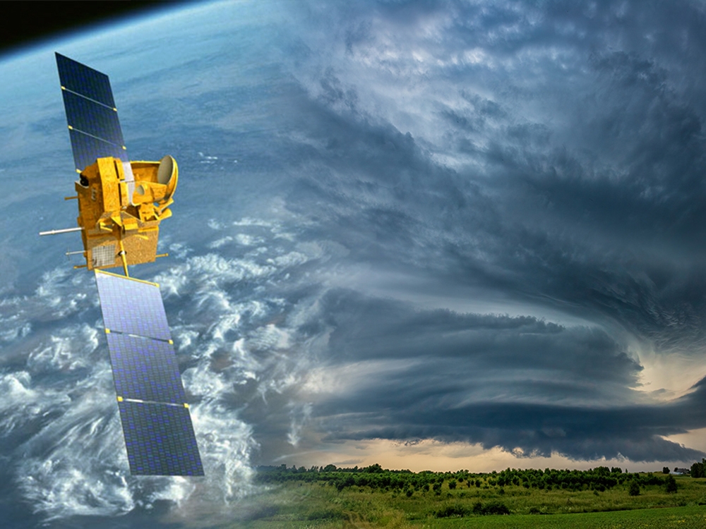 photoillustration a satellite and stormclouds