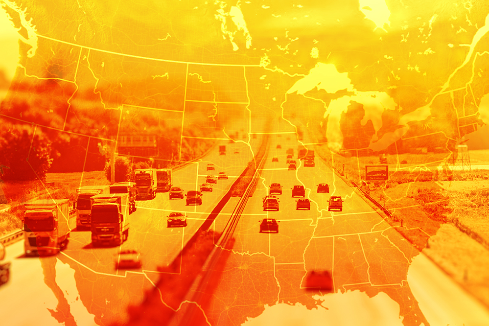 photo illustration: a US map overlaid on an image of cars traveling down a highway, toned in warm oranges and reds